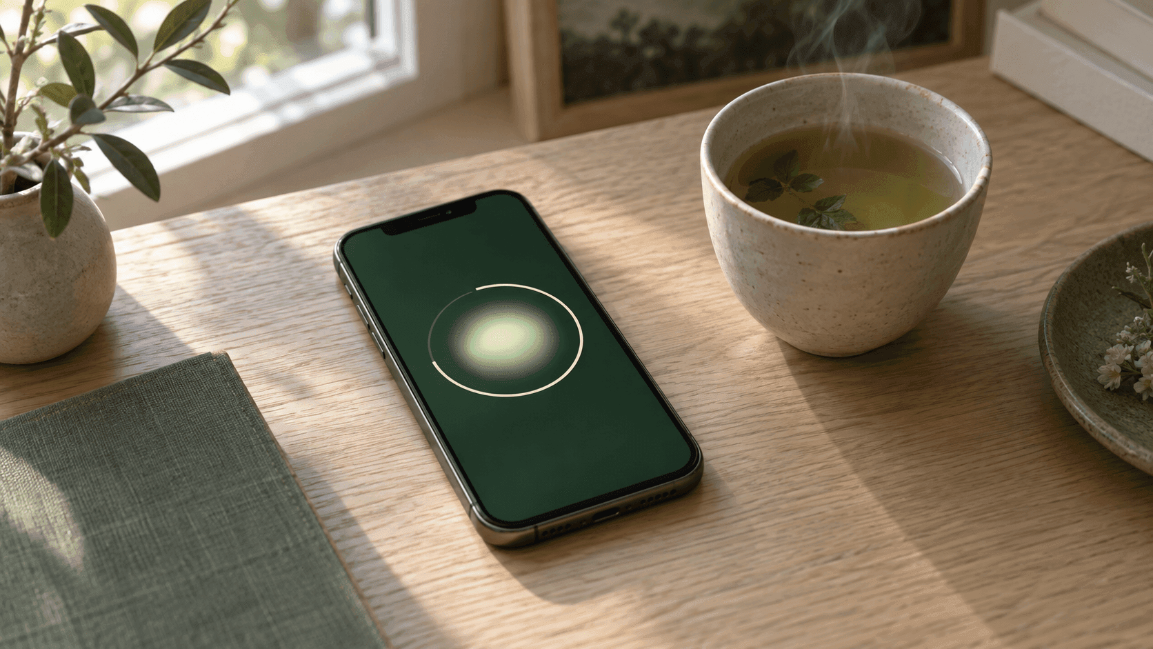 Lumière douce du matin sur une table en chêne, iPhone affichant l'app Arnasea avec son halo de souffle vert, tasse de tisane fumante à côté.
