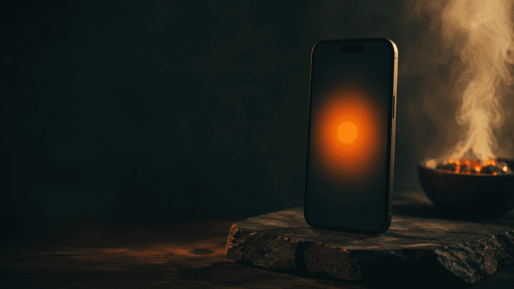 Ambiance feu intérieur, iPhone affichant l'app Arnasea avec le blob orange Tummo, sur fond chaud.