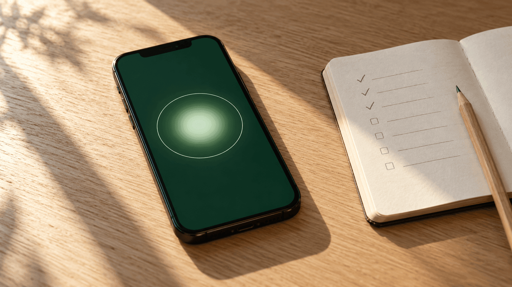 Lumière du matin sur une table en chêne, iPhone affichant l’app Arnasea avec son halo de souffle vert, carnet ouvert à côté avec trois jours cochés puis des cases vides.