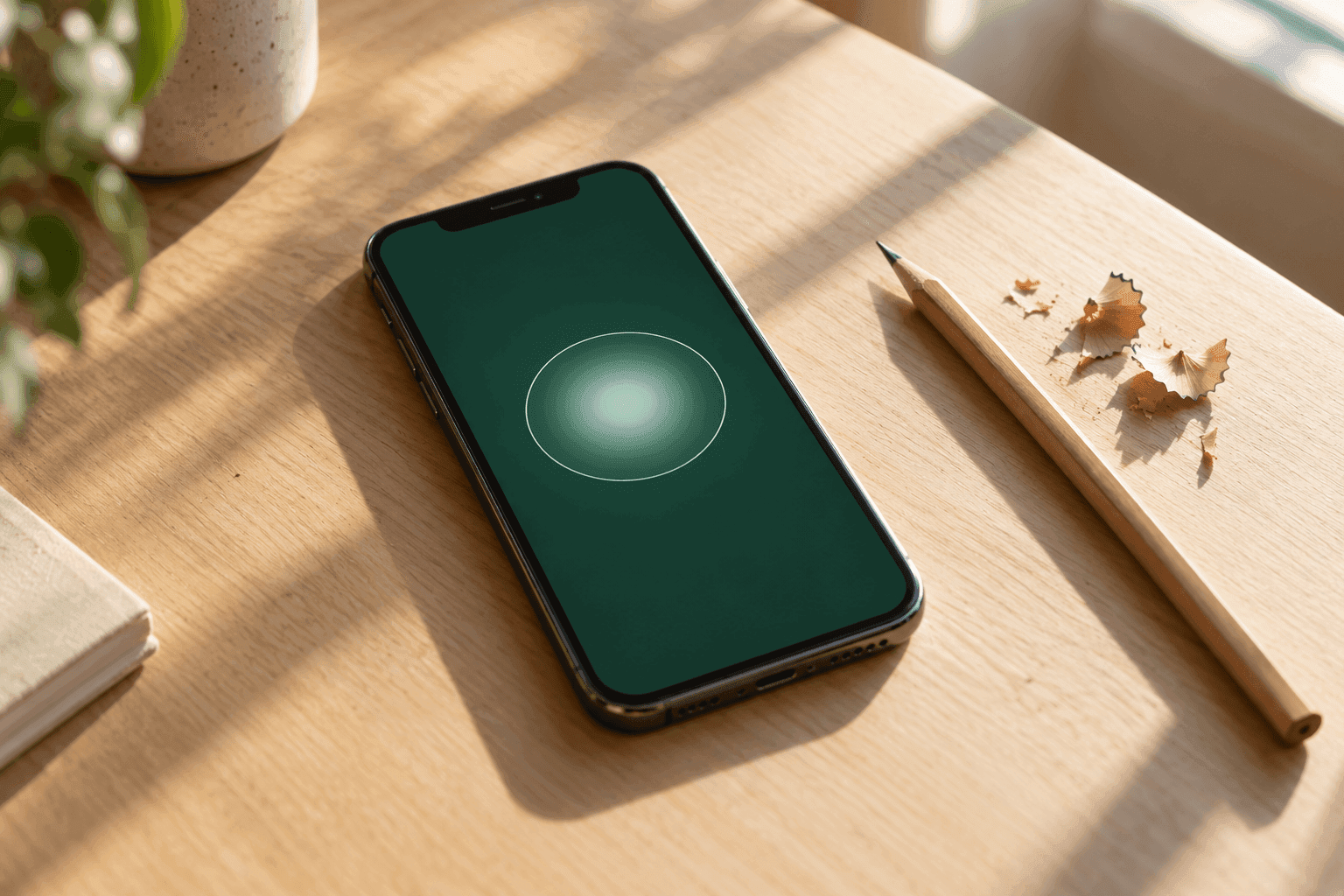 Lumière du matin sur un bureau en bois clair, iPhone affichant l’app Arnasea avec son halo de souffle vert sauge sur fond vert forêt, un crayon à papier fraîchement taillé posé à côté.