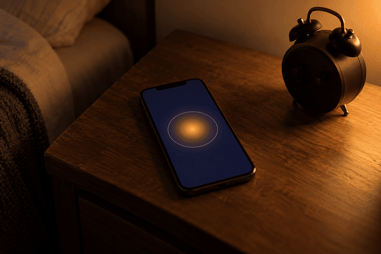 Chambre la nuit, lueur d’une veilleuse sur une table de chevet en bois, iPhone affichant l’app Arnasea avec son halo de souffle ambré sur fond indigo, un réveil à aiguilles tourné vers le mur à côté.